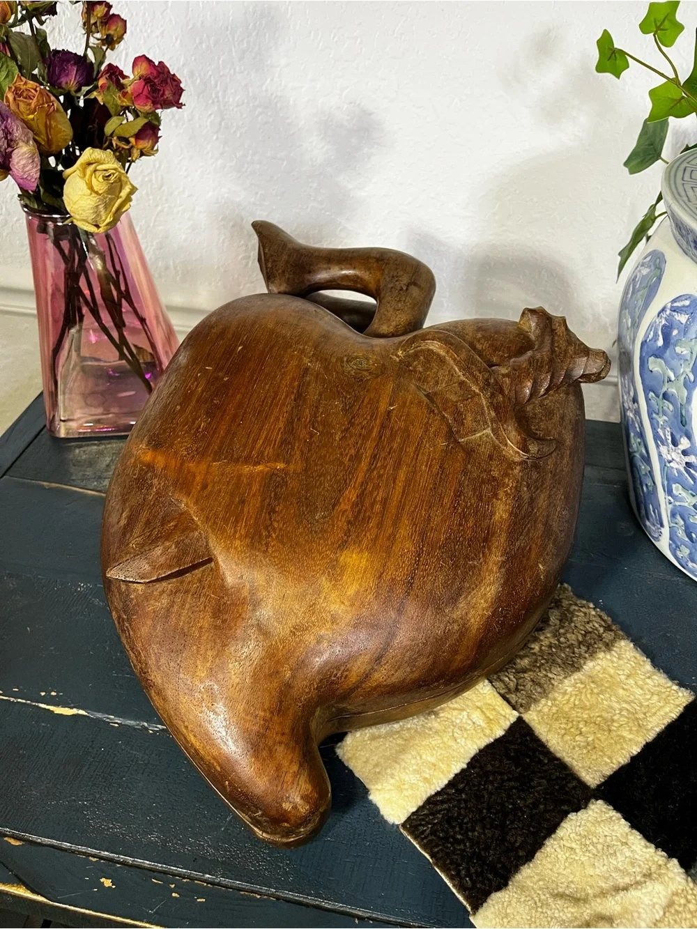 Vintage Hand-Carved Wooden Apple 🍎 Bowl with Sword 🗡️